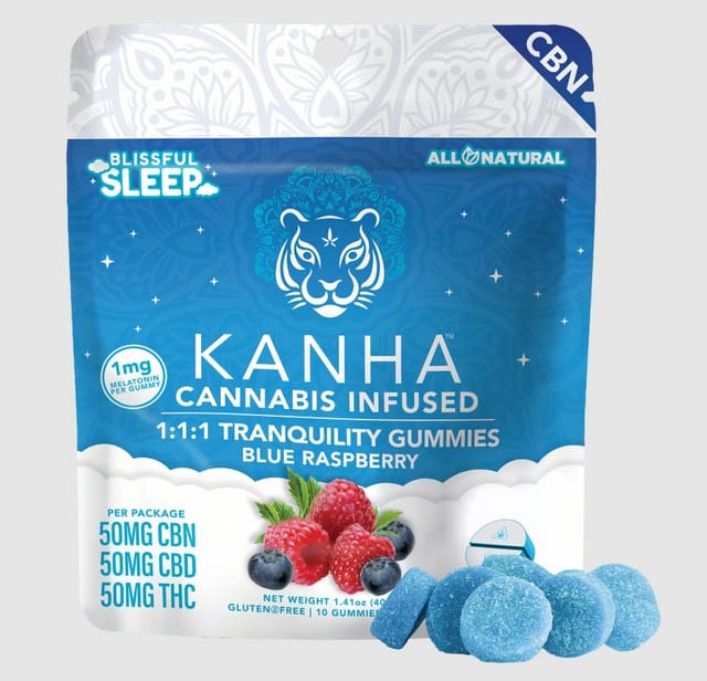 Kanha - Tranquility Blue Raspberry 1:1:1 CBN:THC:CBD NANO Sleep Gummies 150mg Gummies - Kanha - Tranquility Blue Raspberry 1:1:1 CBN:THC:CBD NANO Sleep Gummies 150mg Gummies